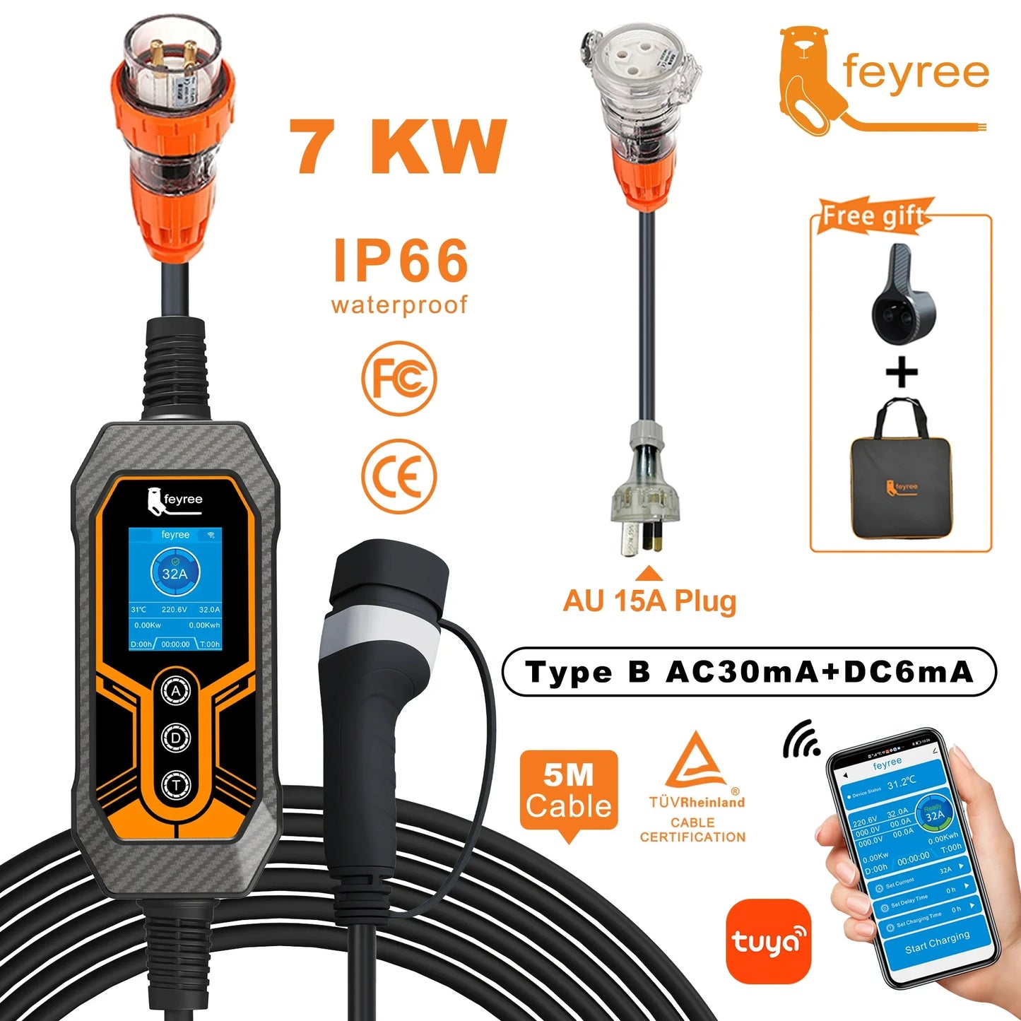 Portable EV Charger Type2 Wallbox 7KW 32A feyree