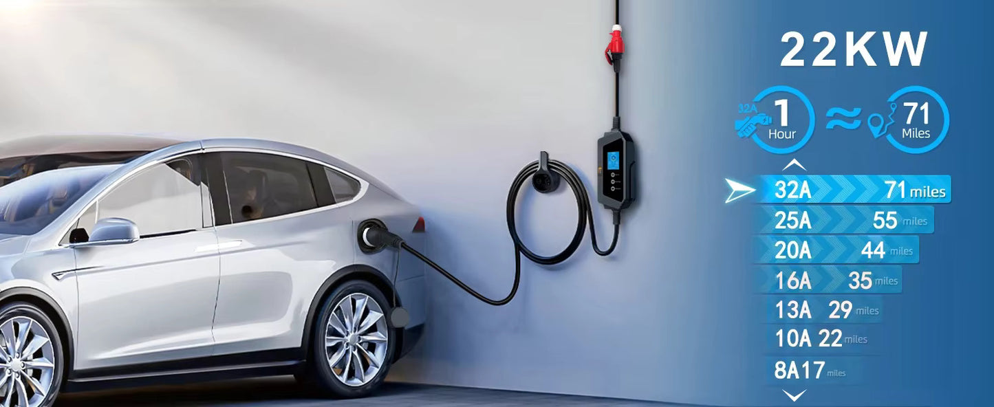 Type2 Portable EV Charger Wallbox 22KW 32A 3Phase feyree