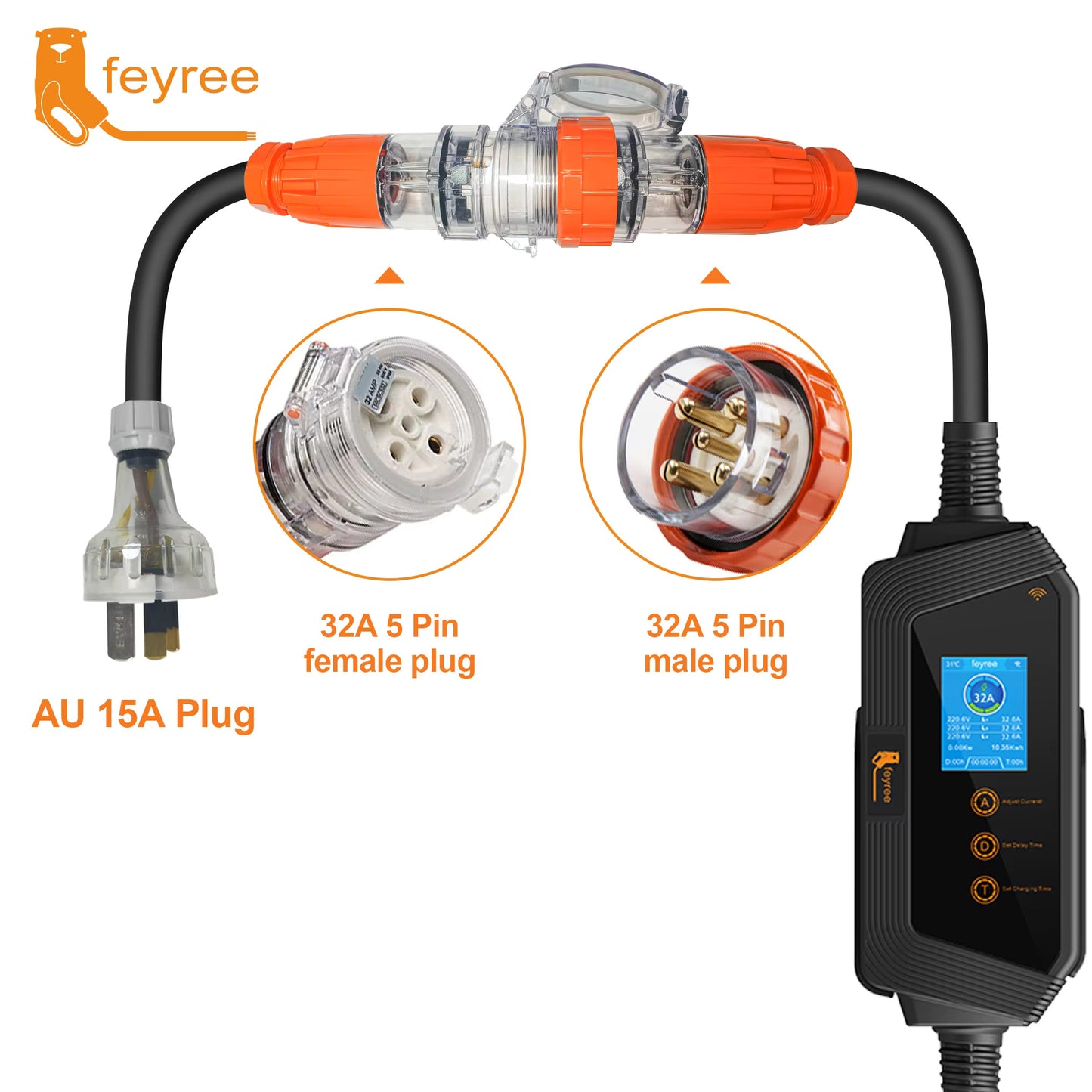 Type2 Portable EV Charger Wallbox 22KW 32A 3Phase feyree
