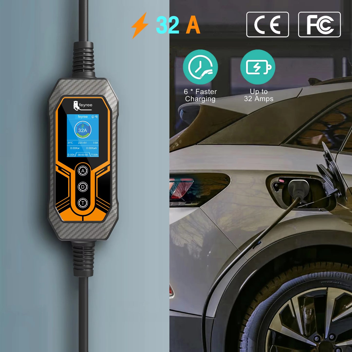 Portable EV Charger Type2 Wallbox 7KW 32A feyree