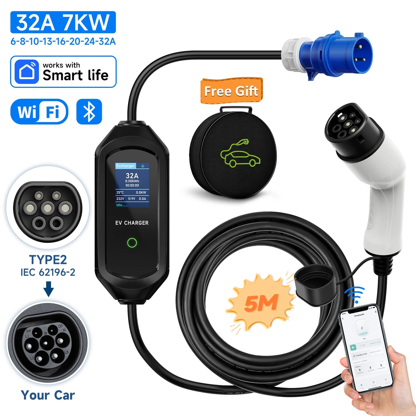 EV Charger Type2 Wallbox 7KW 32A 1Phase 5M AFEEV