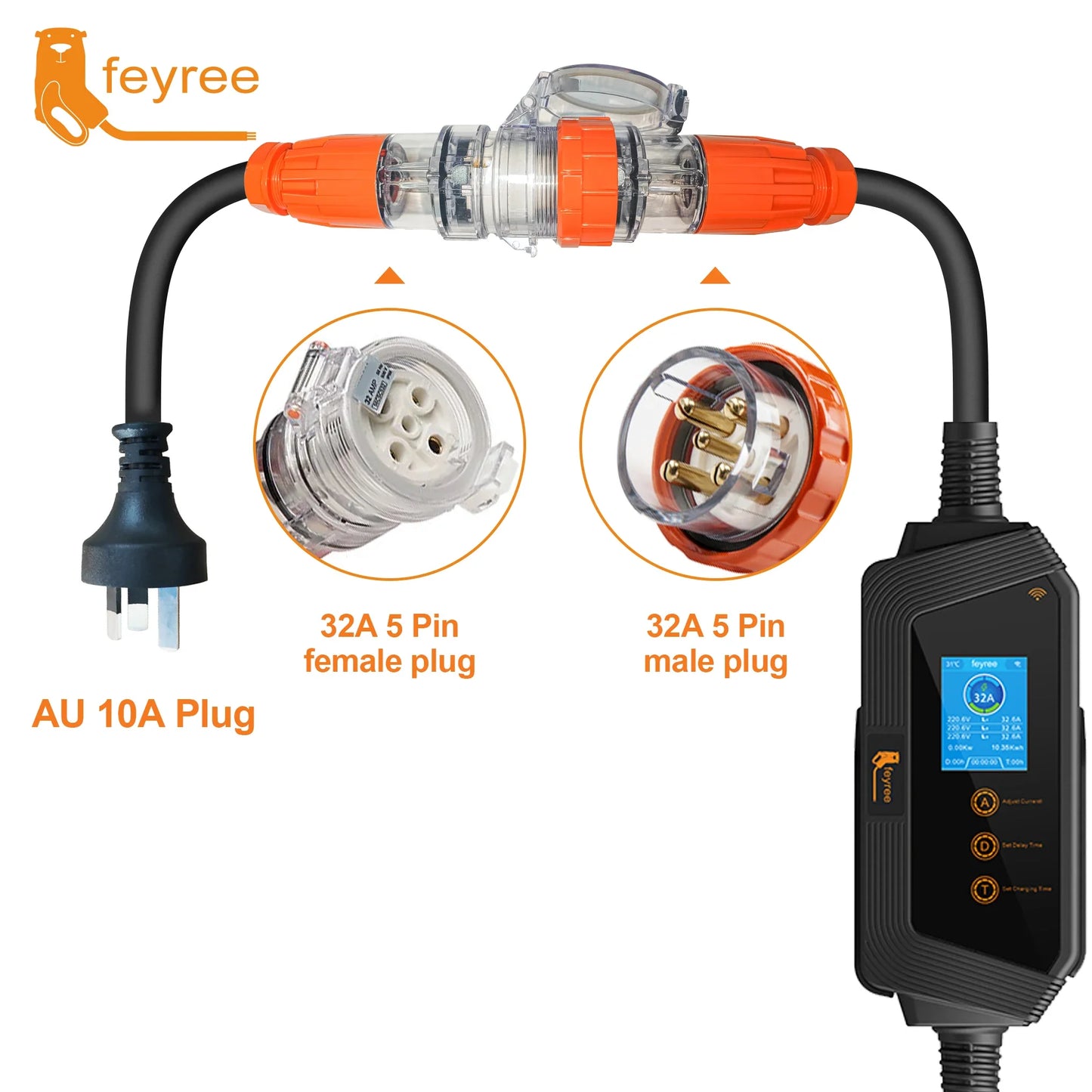 Type2 Portable EV Charger Wallbox 22KW 32A 3Phase feyree