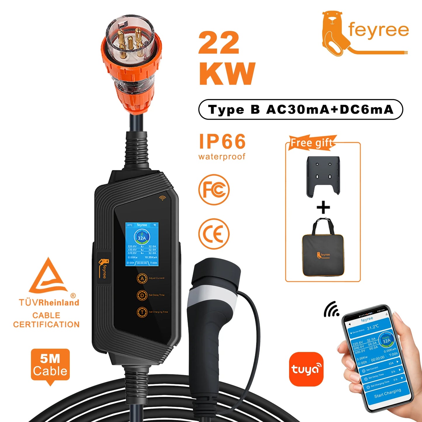 Type2 Portable EV Charger Wallbox 22KW 32A 3Phase feyree