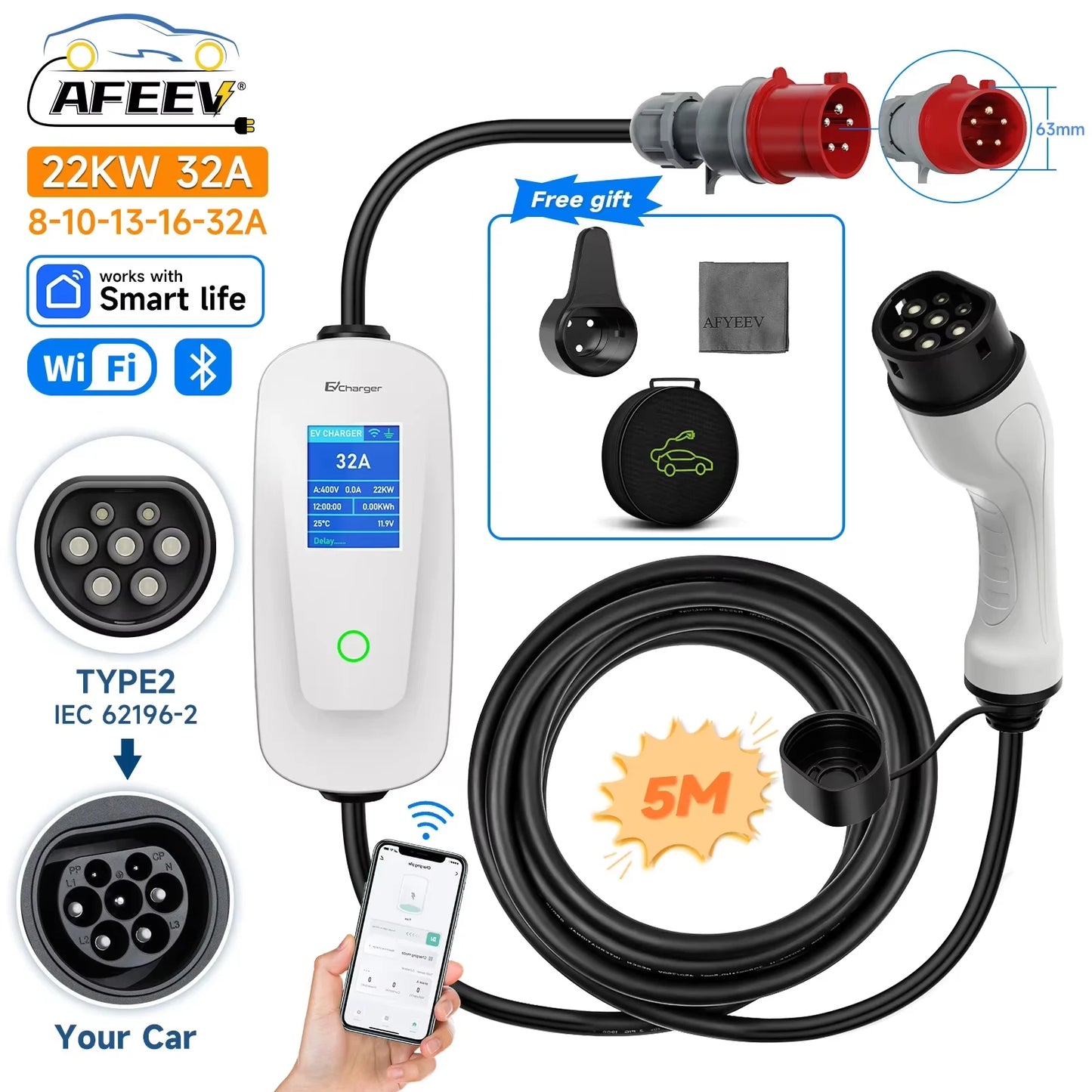 EV Charger Type2 Wallbox 22KW 32A 3Phase AFEEV