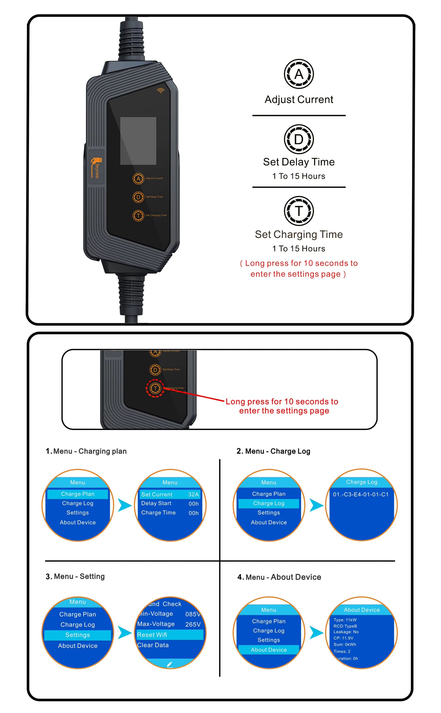 Type2 Portable EV Charger Wallbox 22KW 32A 3Phase feyree