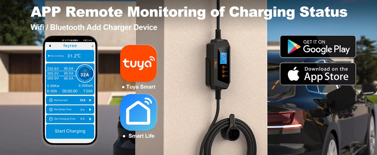 Type2 Portable EV Charger Wallbox 22KW 32A 3Phase feyree