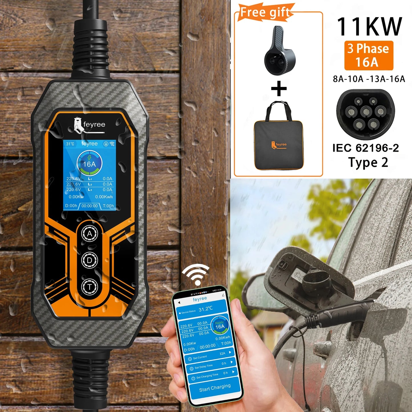 Type2 Portable EV Charger 11KW 16A 3Phase feyree