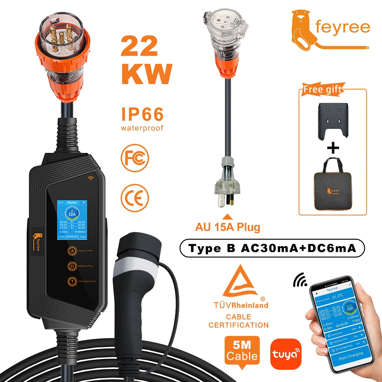 Type2 Portable EV Charger Wallbox 22KW 32A 3Phase feyree