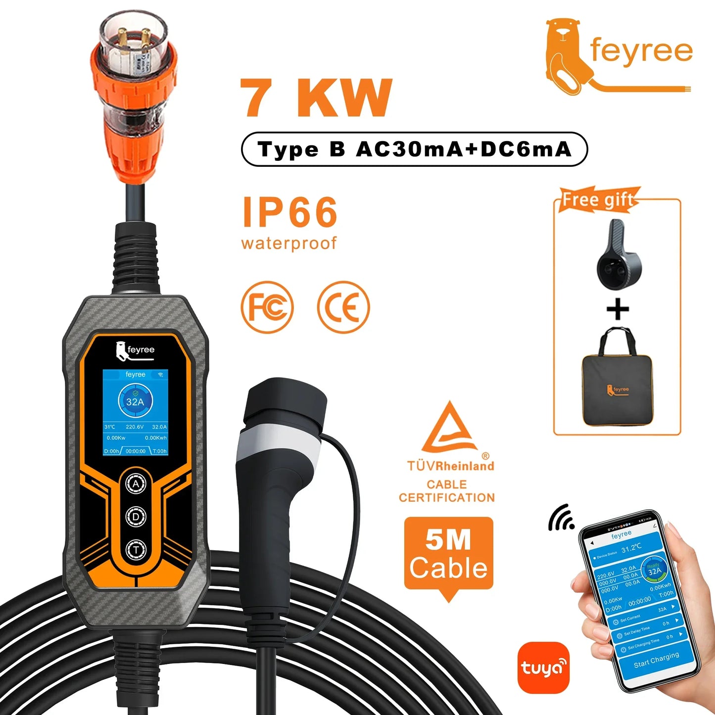 Portable EV Charger Type2 Wallbox 7KW 32A feyree