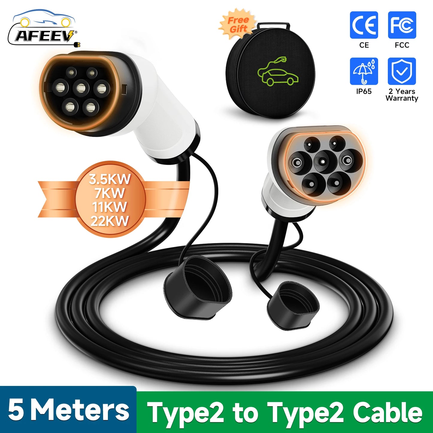 Type2 to Type2 Portable EV Charging Cable 22KW 32A 3Phase Female to Male Plug AFEEV