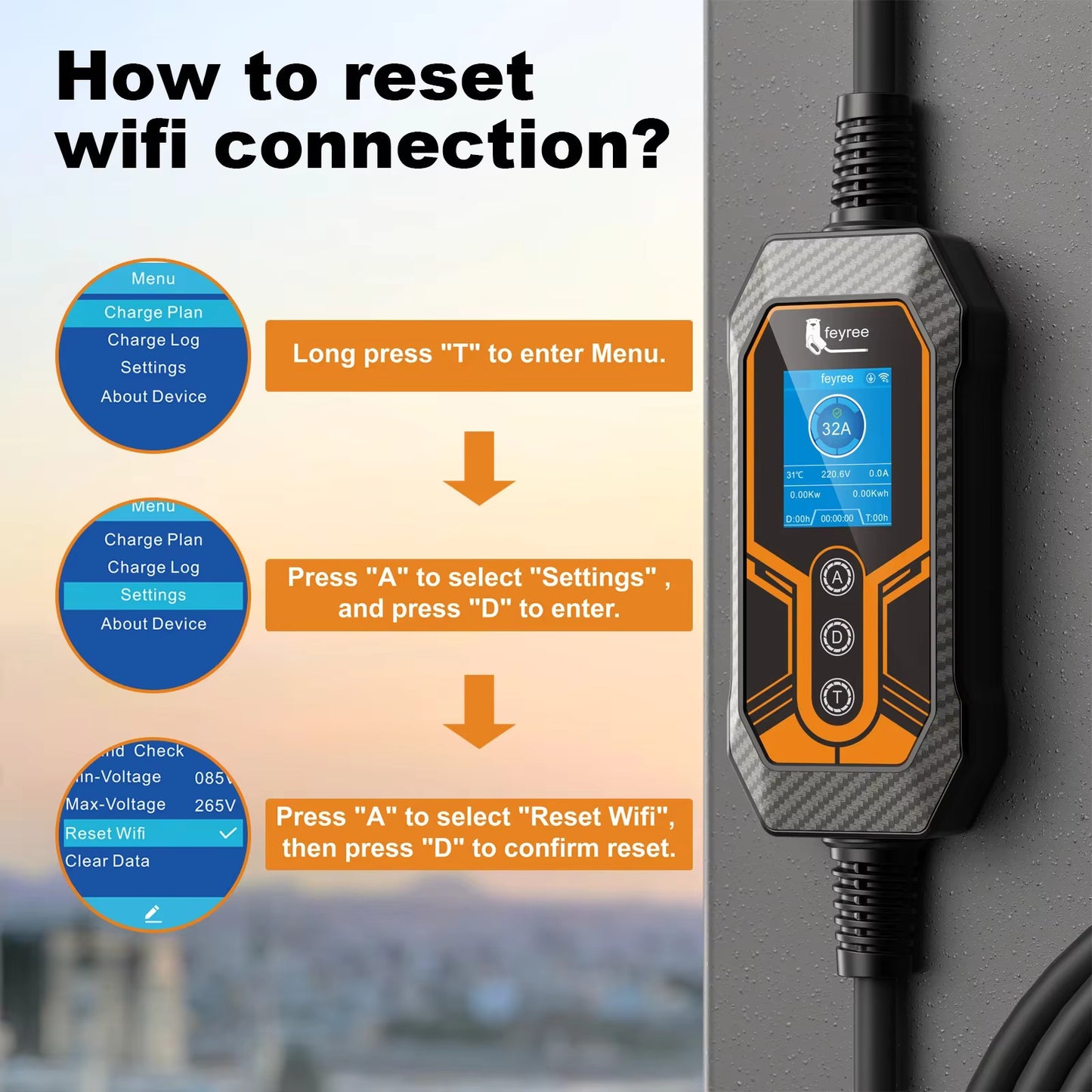 Portable EV Charger Type2 Wallbox 7KW 32A feyree
