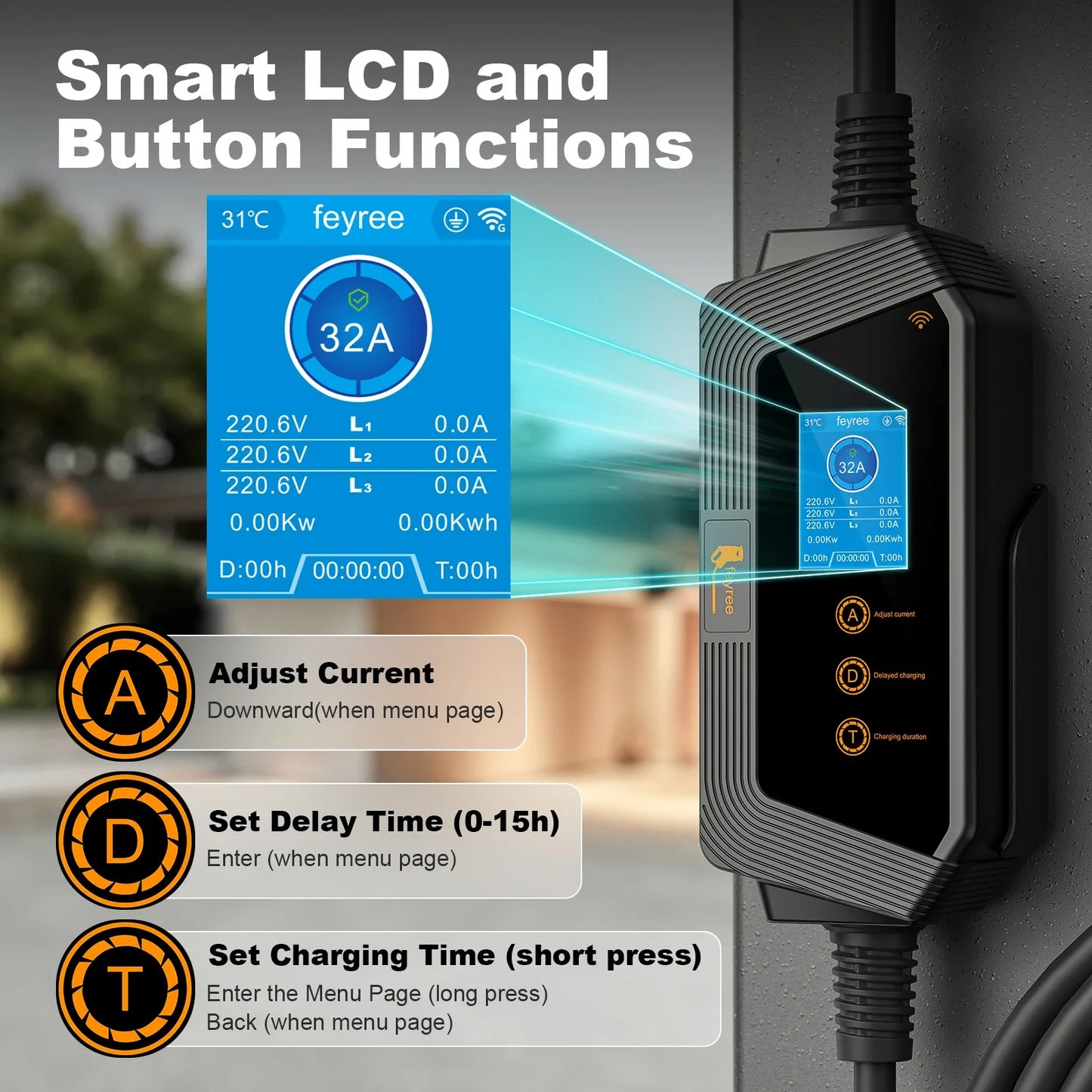 Type2 Portable EV Charger Wallbox 22KW 32A 3Phase feyree
