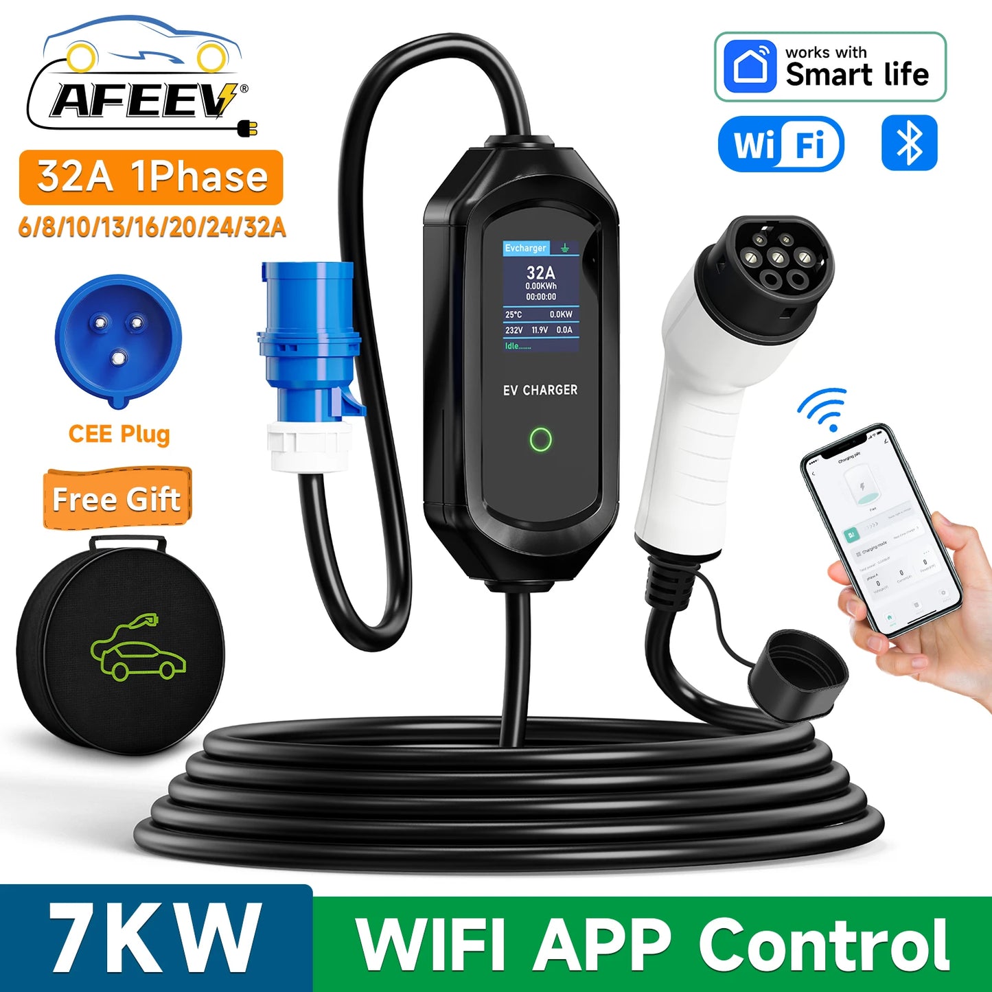 EV Charger Type2 Wallbox 7KW 32A 1Phase 5M AFEEV