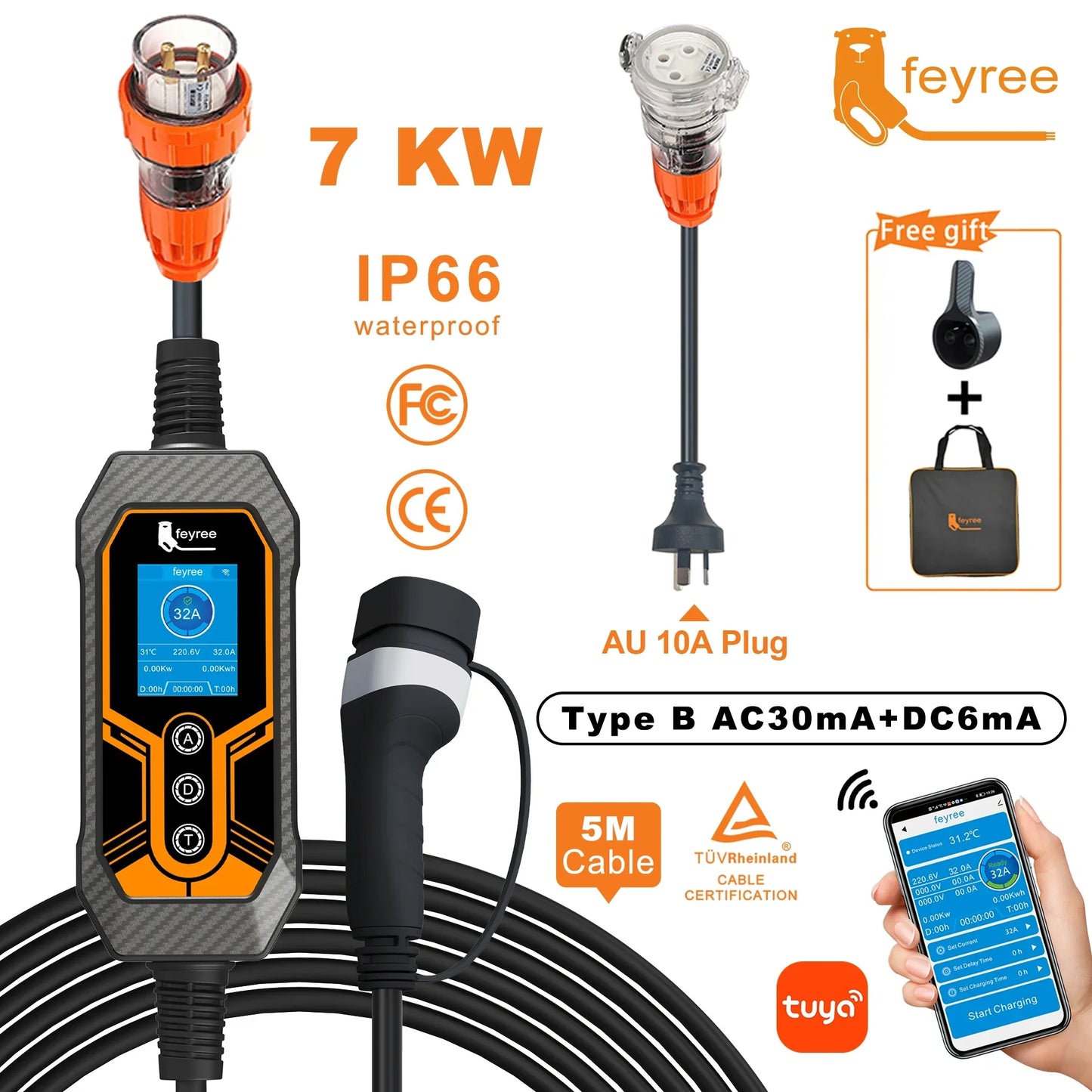 Portable EV Charger Type2 Wallbox 7KW 32A feyree