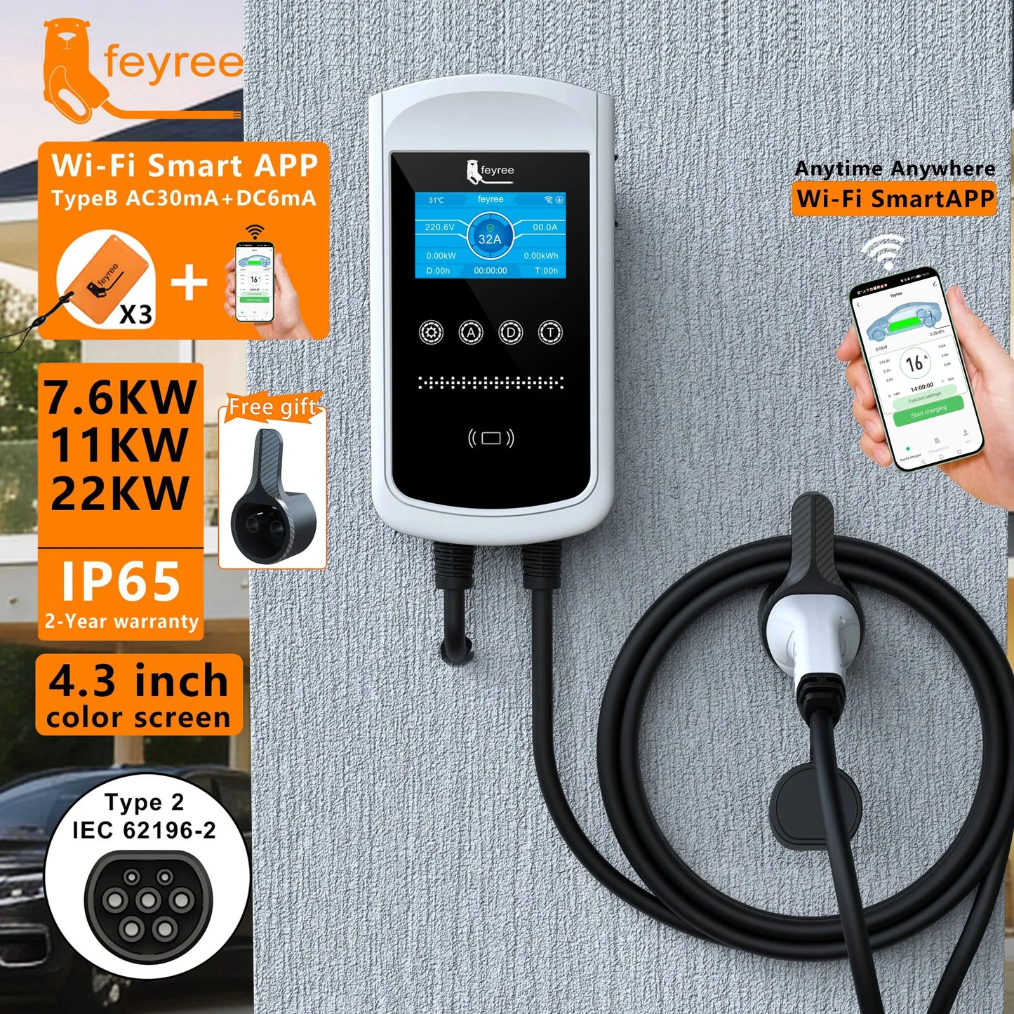 EV Charger Wallbox Type2 11KW 16A 3Phase feyree