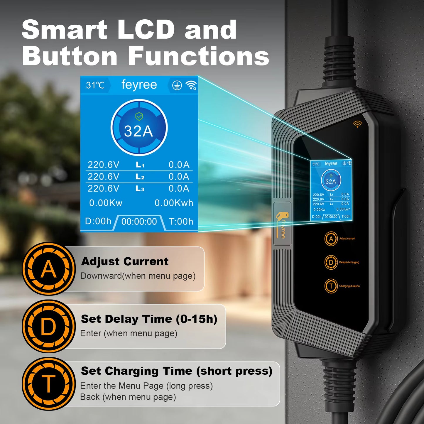 Type2 Portable EV Charger Wallbox 22KW 32A 3Phase feyree