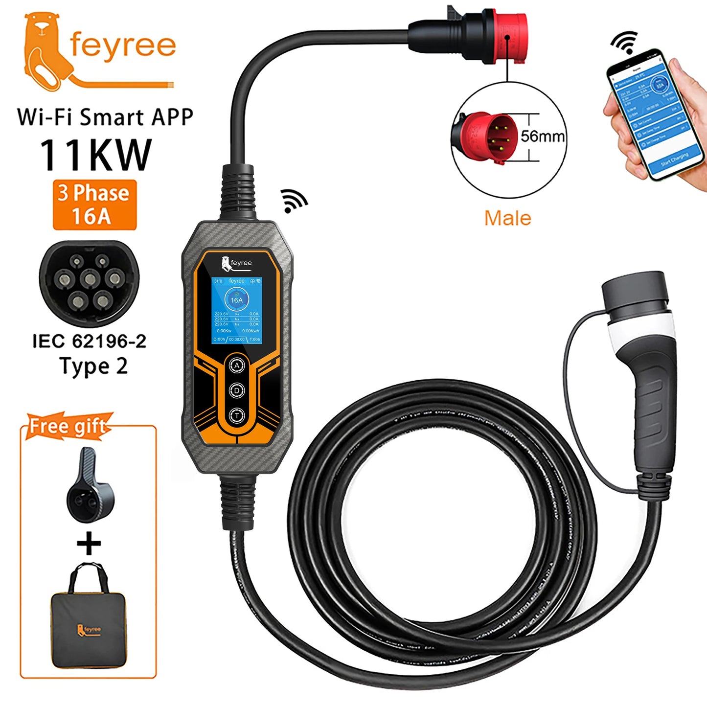 Type2 Portable EV Charger 11KW 16A 3Phase feyree