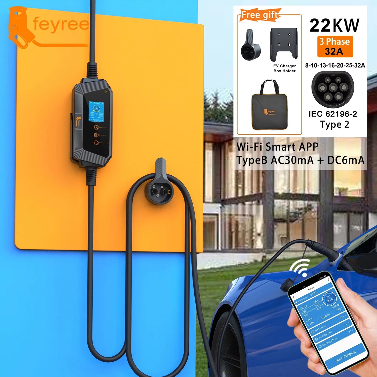 Type2 Portable EV Charger Wallbox 22KW 32A 3Phase feyree