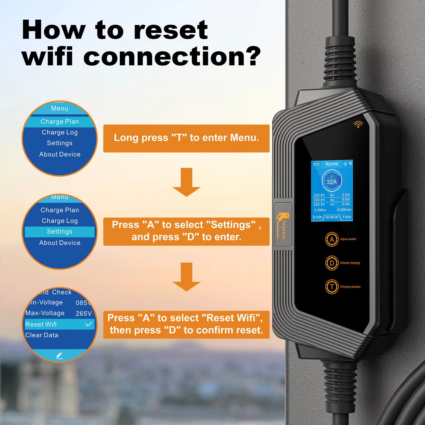 Type2 Portable EV Charger Wallbox 22KW 32A 3Phase feyree