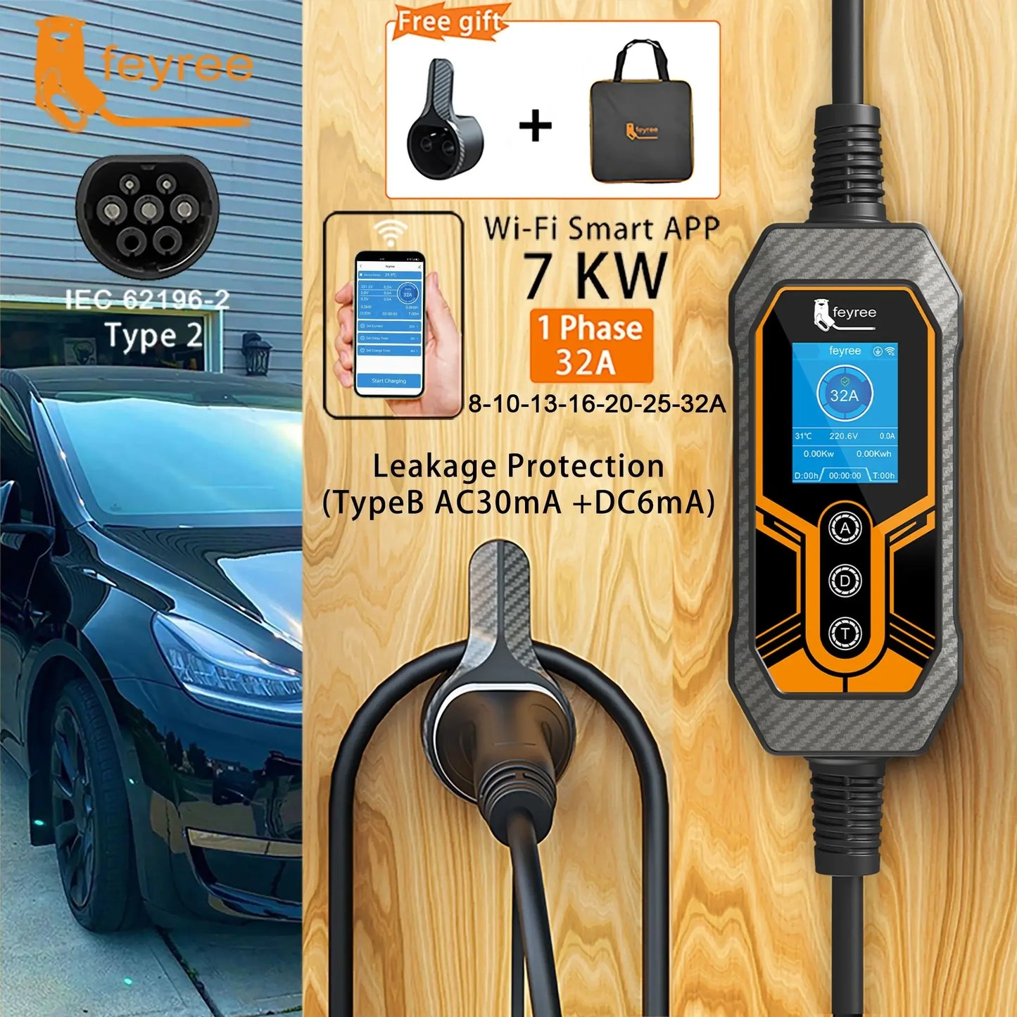 Portable EV Charger Type2 Wallbox 7KW 32A feyree