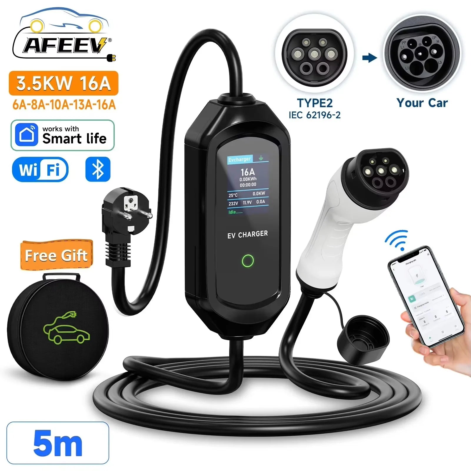 3.5kw 16A 5M portable EV charger type2
