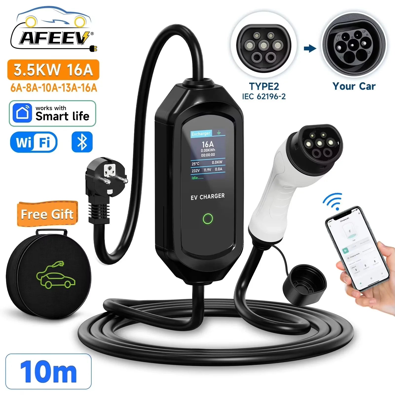 3.5kw 16A 10M portable EV charger type2