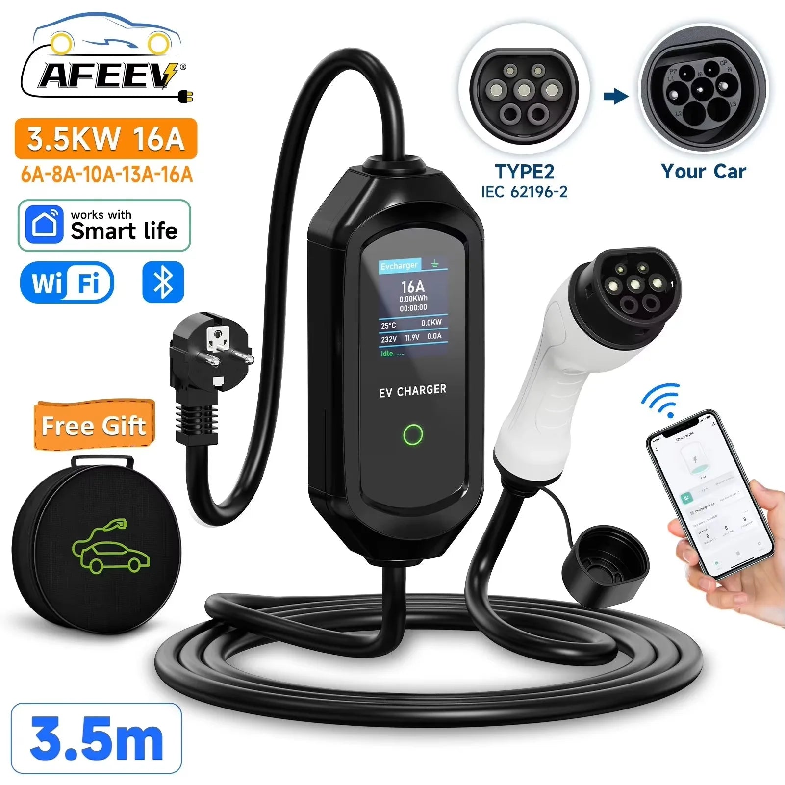 3.5KW 16A 3.5M portable EV charger type2