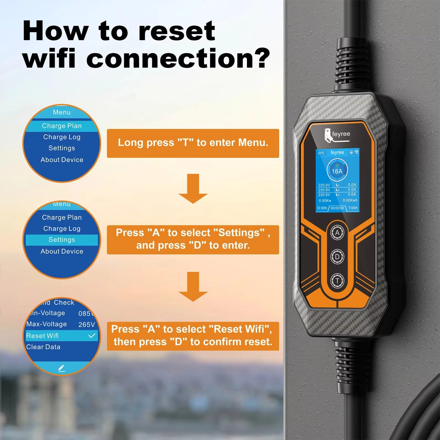 Type2 Portable EV Charger 11KW 16A 3Phase feyree