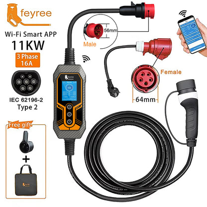 Type2 Portable EV Charger 11KW 16A 3Phase feyree