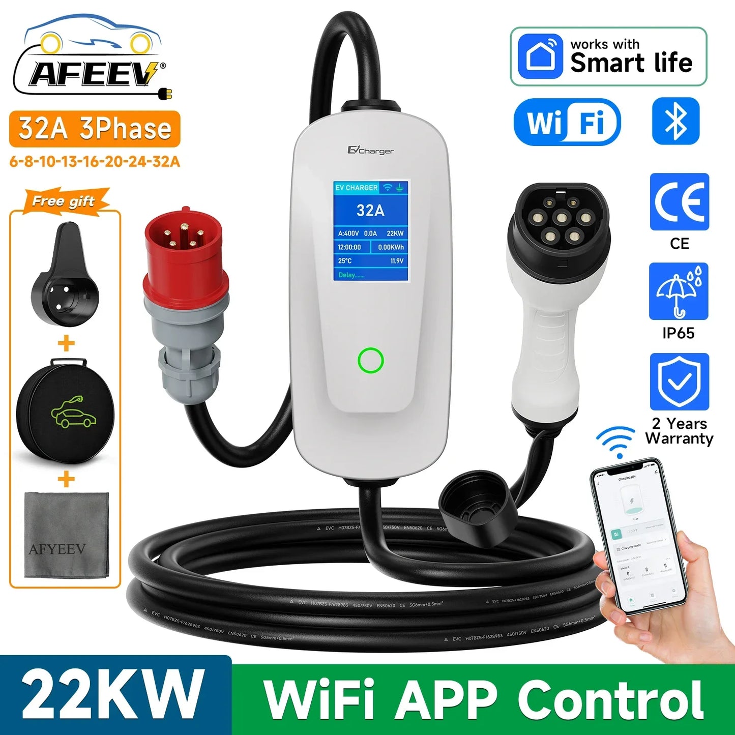 EV Charger Type2 Wallbox 22KW 32A 3Phase AFEEV